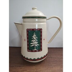 Lodge Enamelware Christmas Coffee Pot Graniteware Beige Green Vintage Read S15